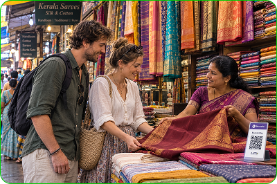 Travellers shopping for sarees at a textile market