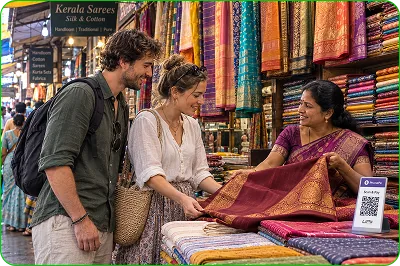 Travellers shopping for sarees at a textile market
