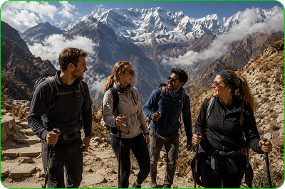 Travellers hiking in the mountains