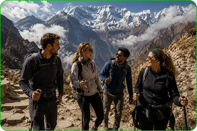 Travellers hiking in the mountains