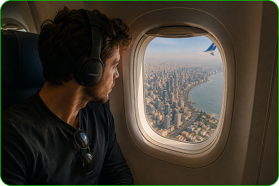 Traveller looking from an airplane window over a coastal city