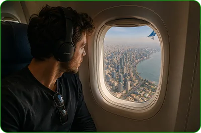 Traveller looking from an airplane window over a coastal city
