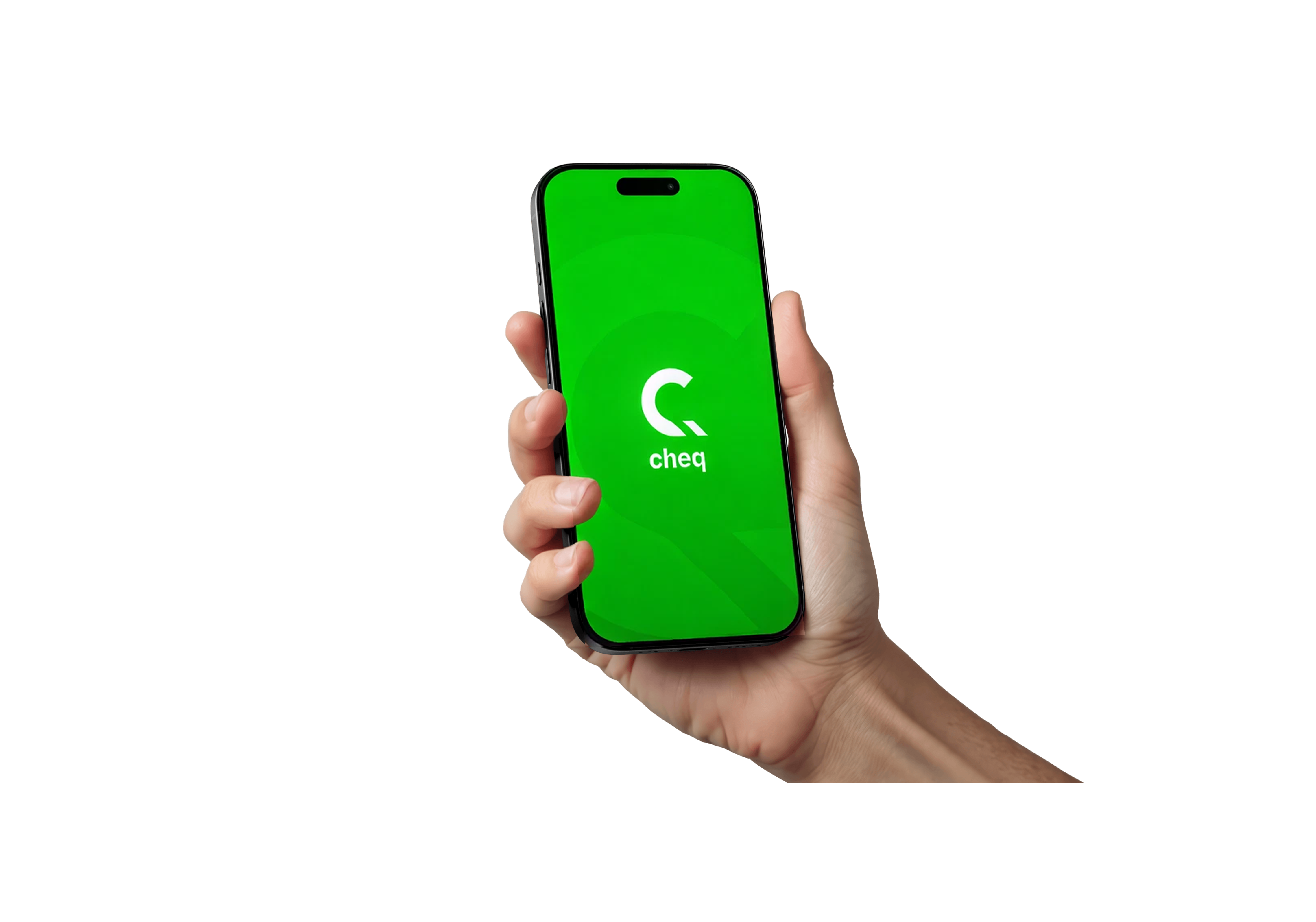 Hand holding the CHEQ app on a phone