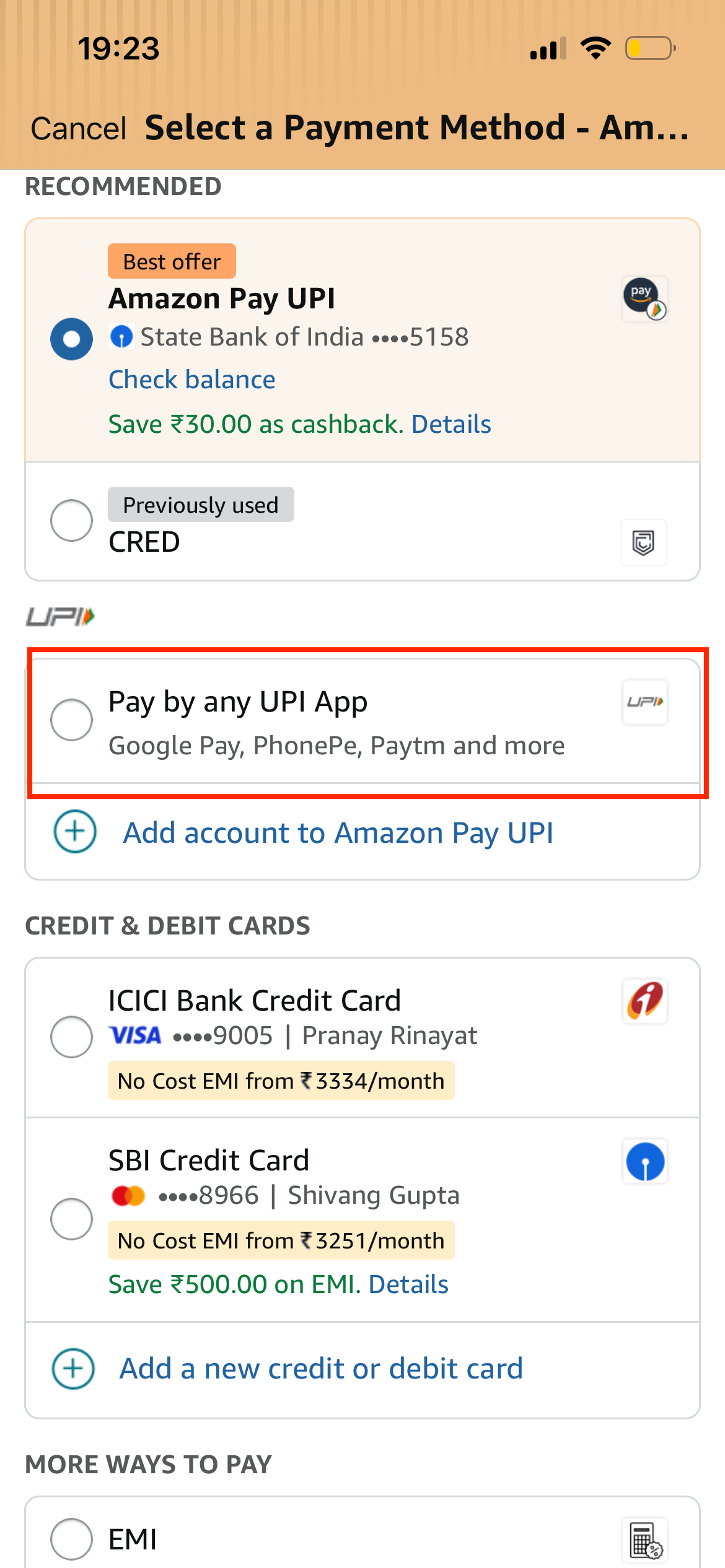 Amazon guide screenshot for Select Pay by any UPI app