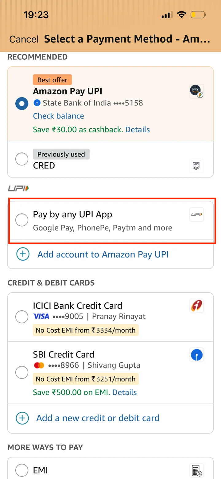 Amazon guide screenshot for Select Pay by any UPI app