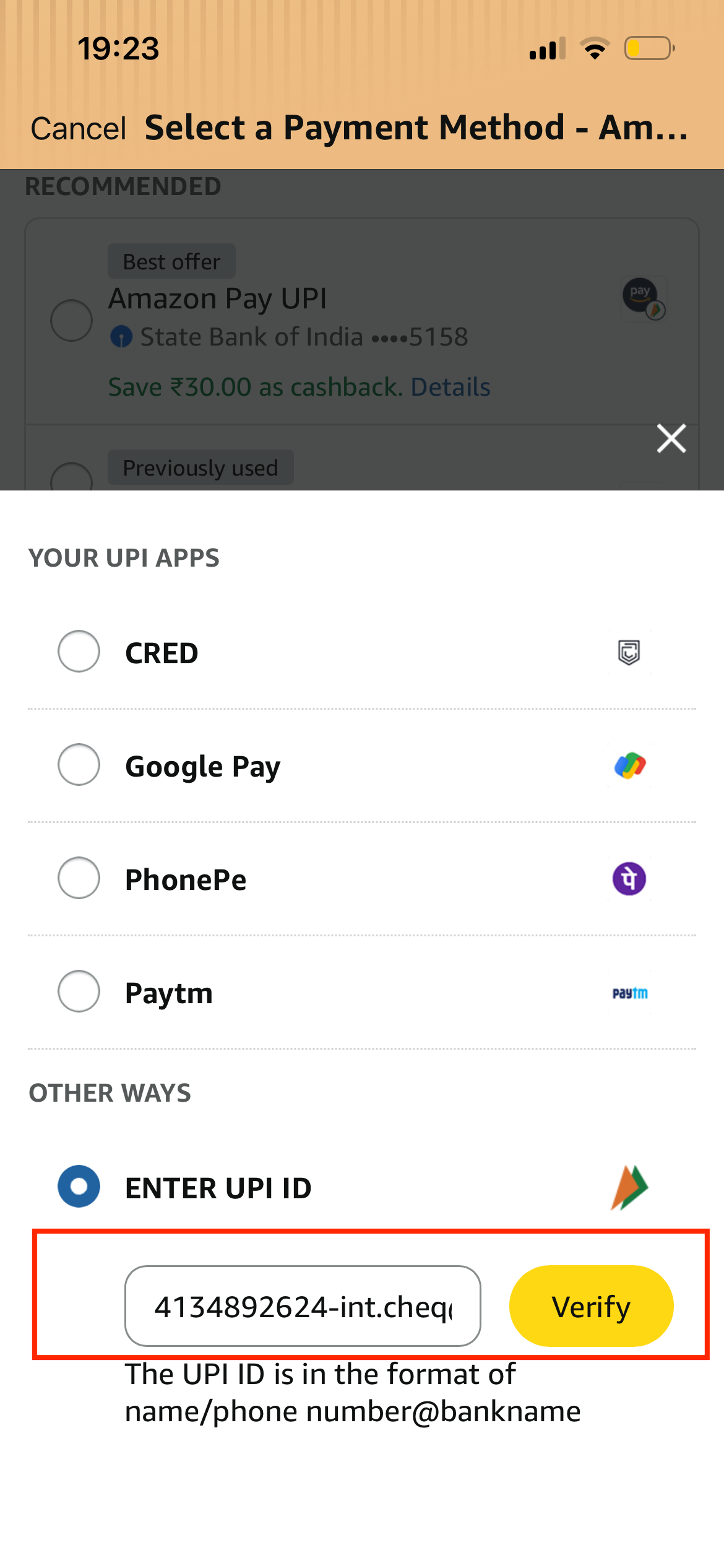 Amazon guide screenshot for Enter Cheq UPI ID and tap Verify