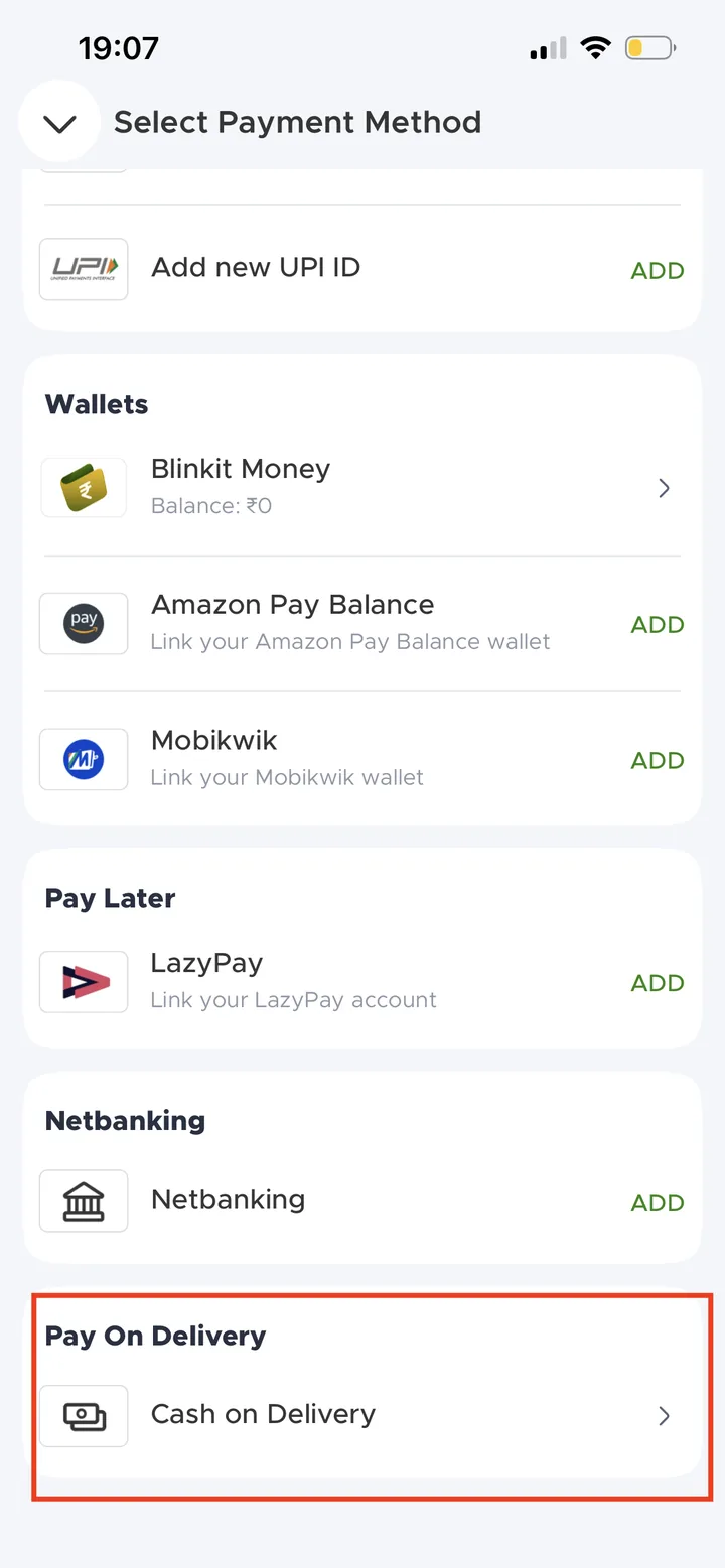 Blinkit guide screenshot for At payment, select Cash on Delivery (COD)