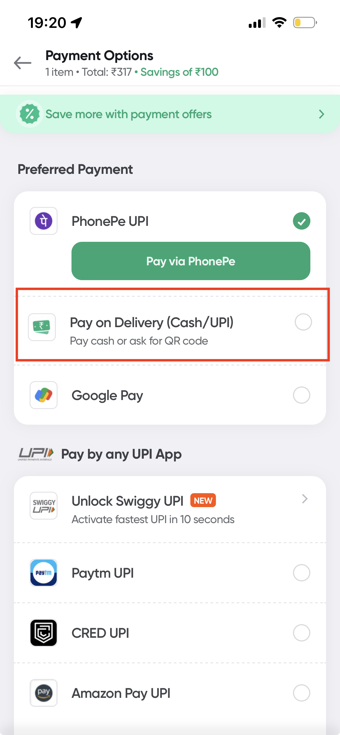 Swiggy guide screenshot for Choose Pay on Delivery at checkout