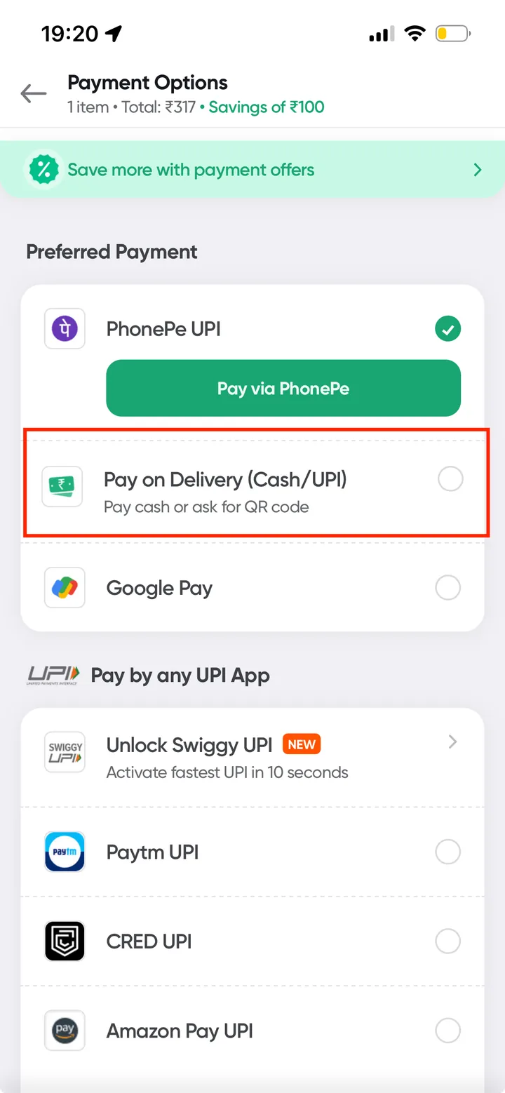 Swiggy guide screenshot for Choose Pay on Delivery at checkout