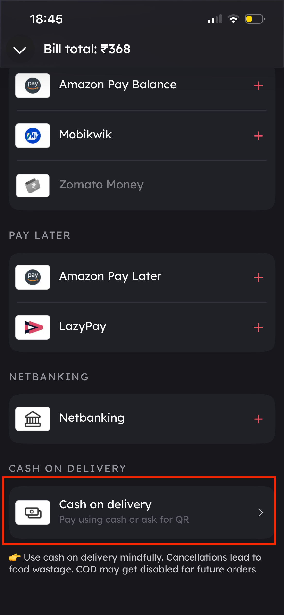 Zomato guide screenshot for Choose Cash on Delivery at checkout